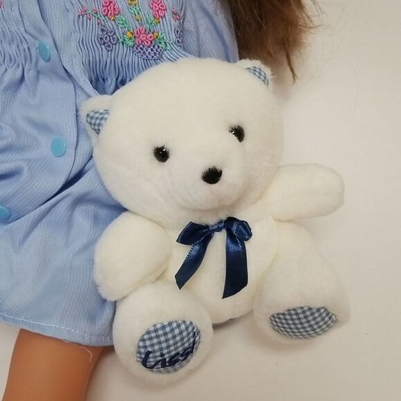 Vintage Lisse Doll Blue Smocked Dress Teddy Bear 15" Soft Toy Missing Lashes - Picture 5 of 7
